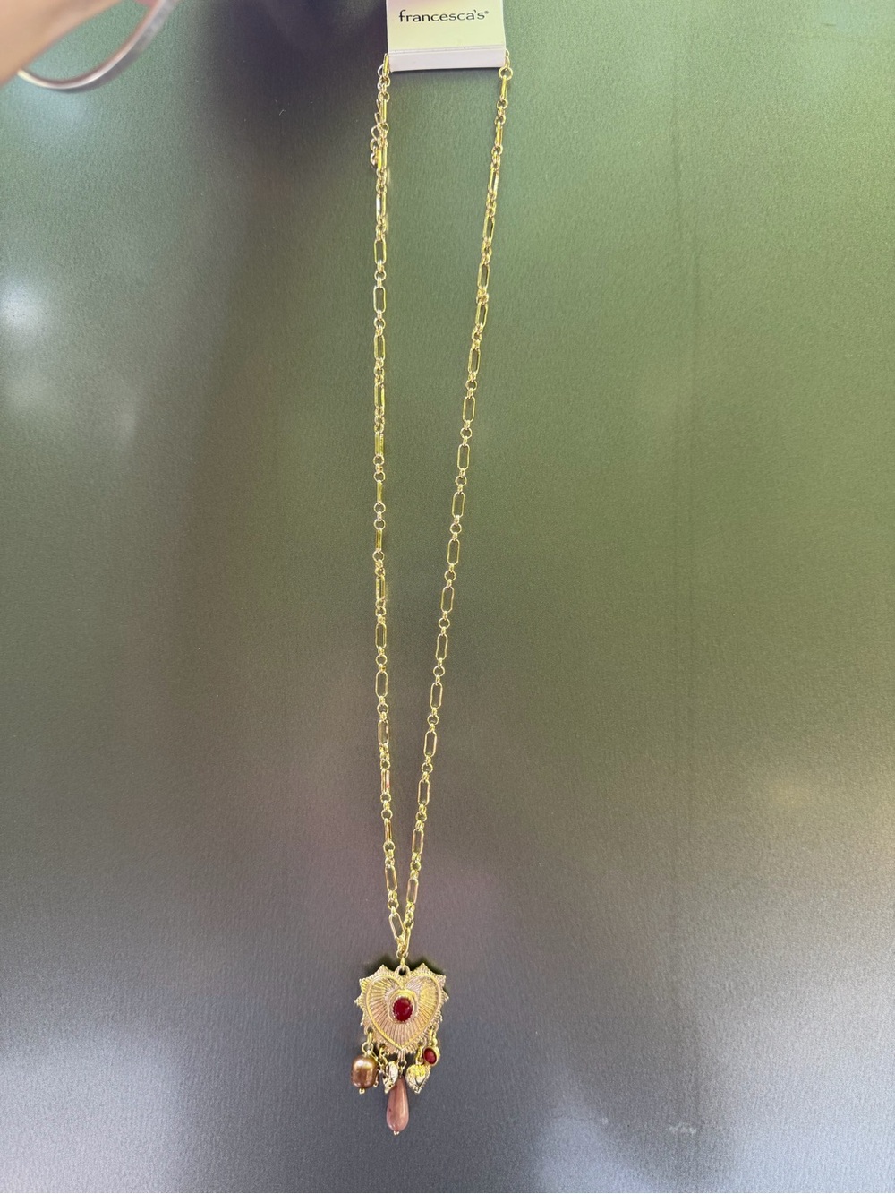 Francesca's Collections Gold Heart Pendant Necklace with Red and Pink Drops